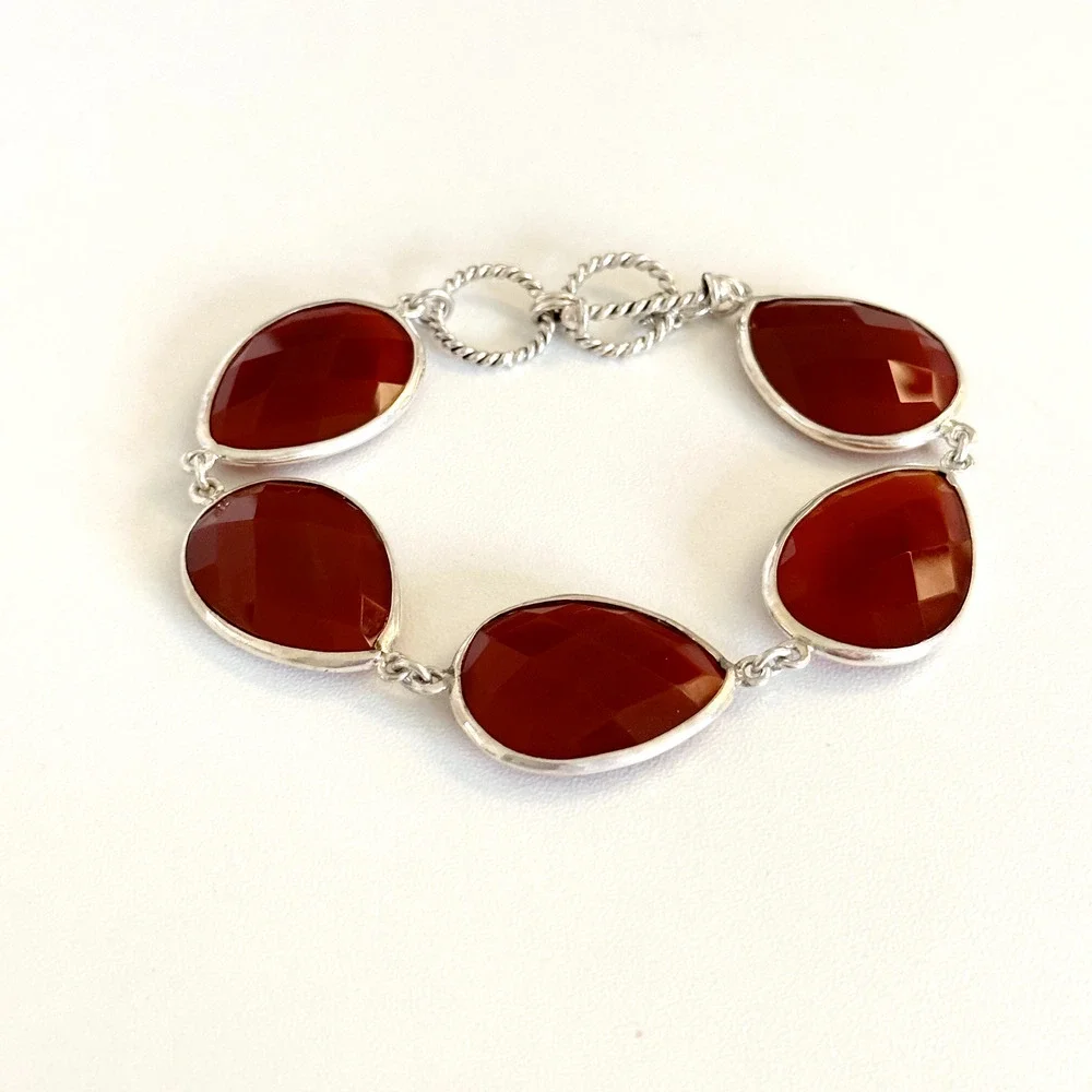 925 Sterling Silver Genuine Carnelian Faceted Teardrop Chain Link Bracelet 7